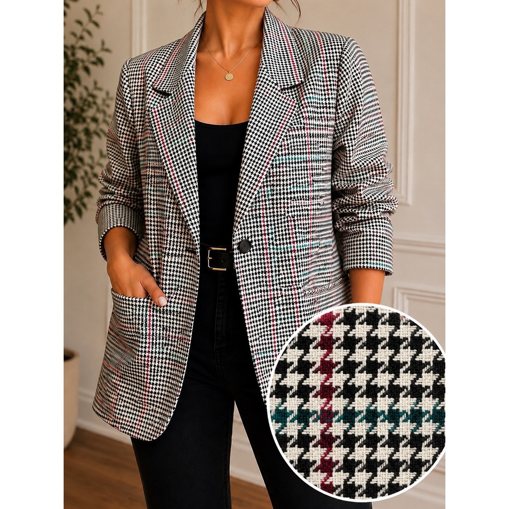 L 166 Vintage 90s Houndstooth Plaid Blazer Size 12 Teal Burgundy Preppy Academia
